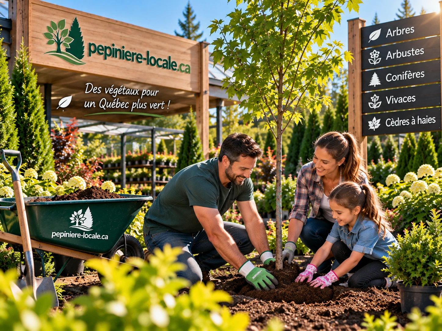 Famille plantant un jeune érable dans une plate-bande de centre jardin, avec brouette de terreau et panneau des rayons en arrière-plan
